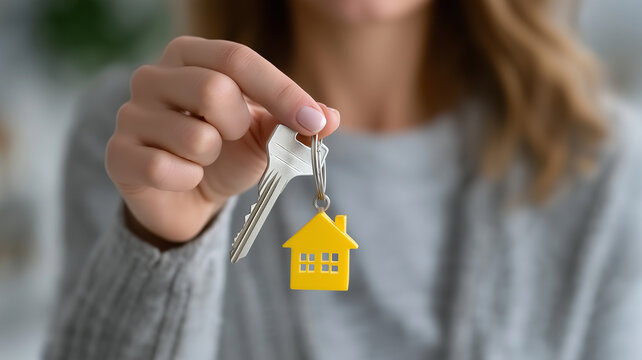 Professional woman holding silver key and miniature yellow house model against softly lit modern background, symbolic concept of real estate ownership, property investment, mortgage approval, and secu - Powered by Adobe