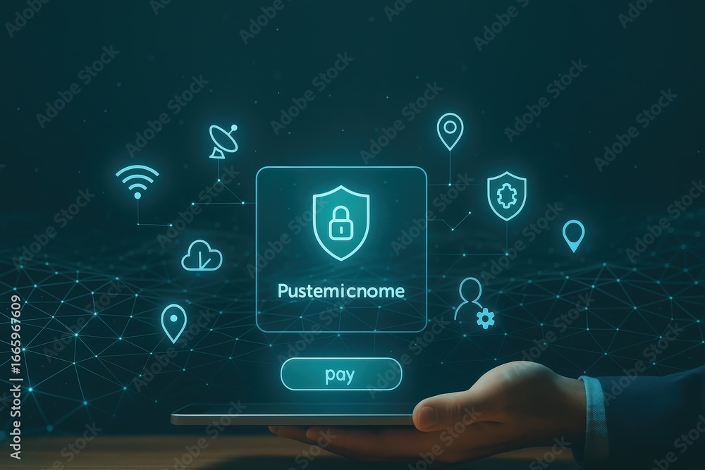 Poster a hand holds a tablet displaying a digital interface for secure online payment, featuring various se