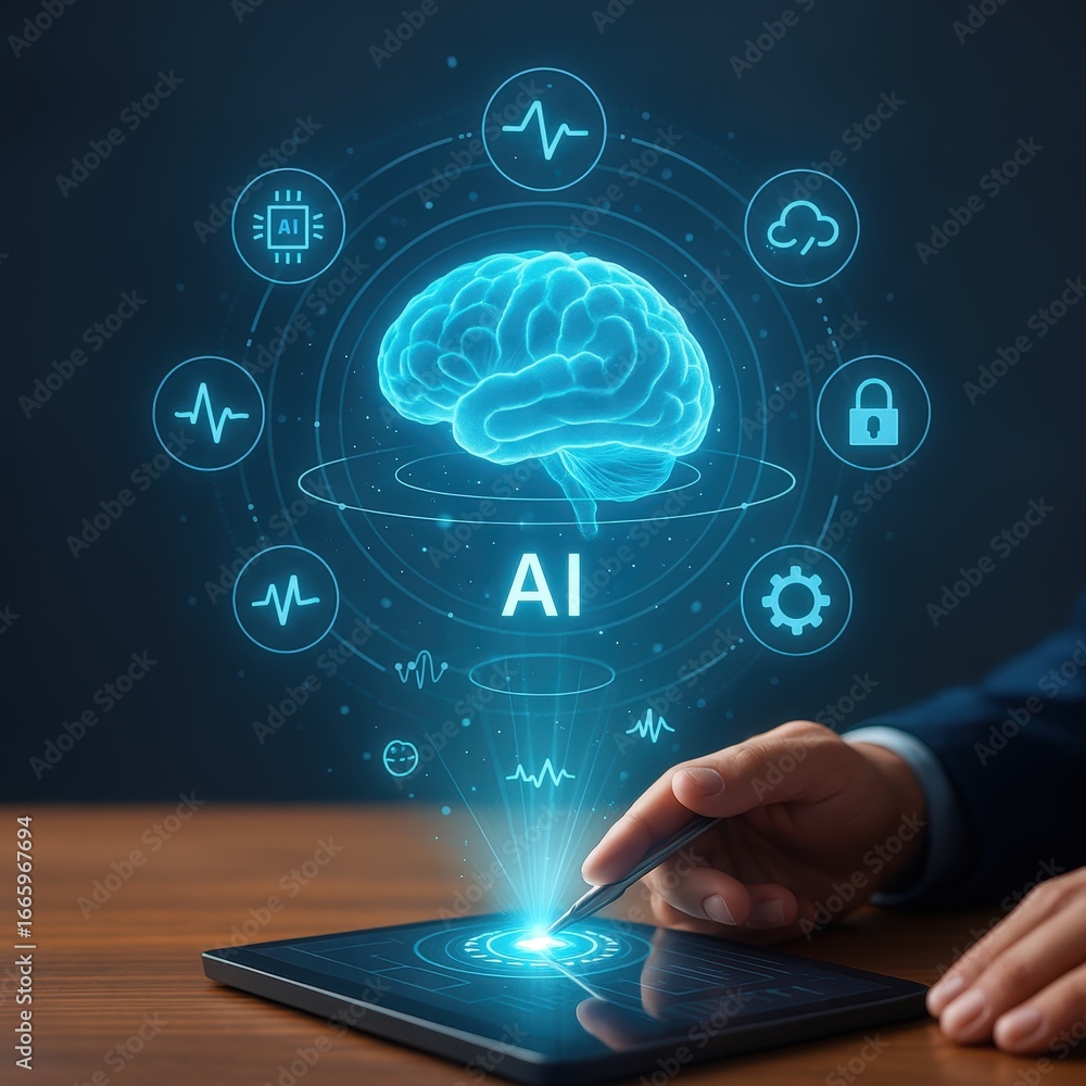 Poster a digital brain graphic with ai text and technology icons displays cutting-edge developments in arti