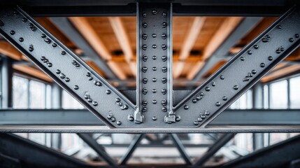 Obraz premium A close-up of a steel bridge structure, showcasing intricate riveted connections.