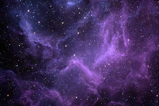 Deep space nebula, swirling violet and purple clouds of gas and dust, scattered stars
