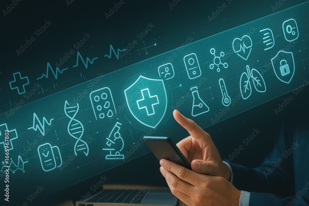 Poster a person interacts with a digital health interface on a mobile device, showcasing various medical ic
