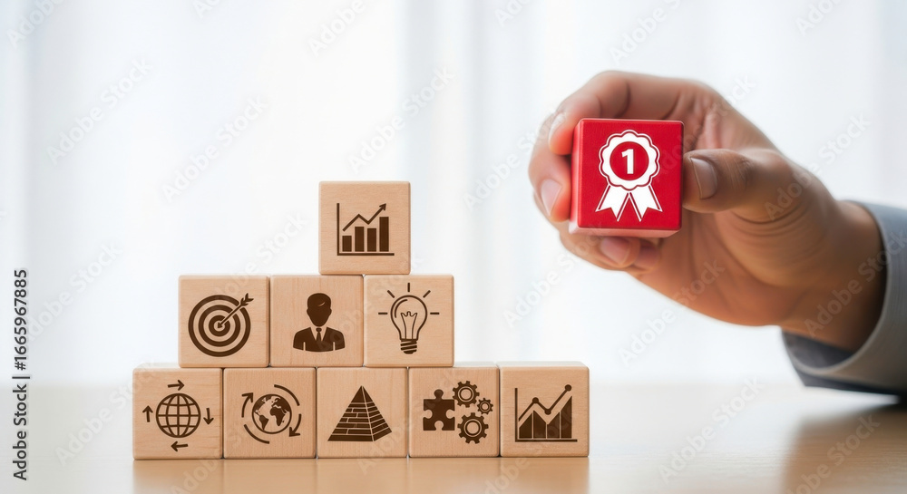 Poster a hand holding a red block with a number one on it above a pyramid of blocks icons