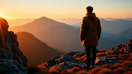 Man standing on mountain peak watching stunning sunset over majestic landscape with vibrant colors, evoking feelings of peace and freedom