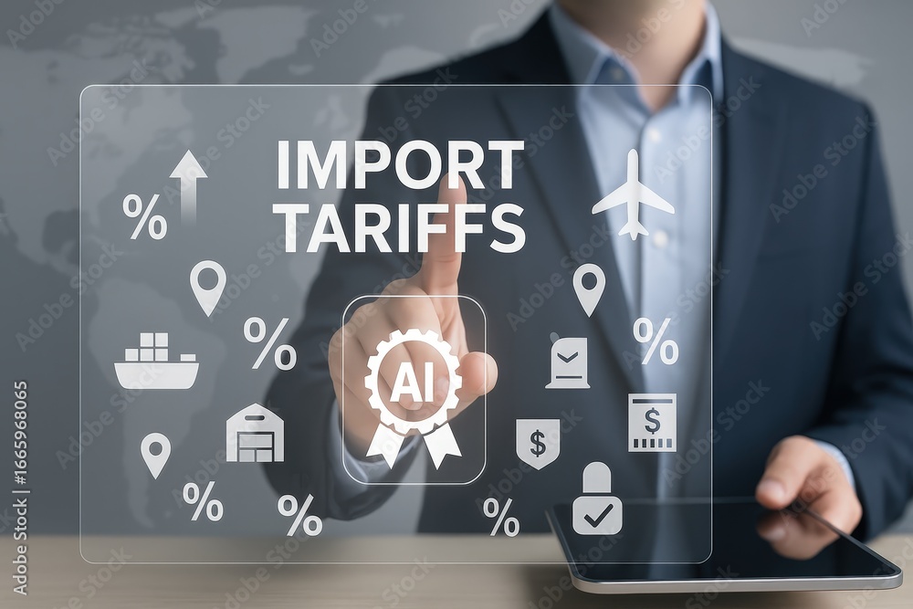 Poster a businessperson interacts with a digital interface displaying import tariffs and associated icons.