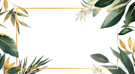 Elegant golden frame with green tropical leaves and transparent background