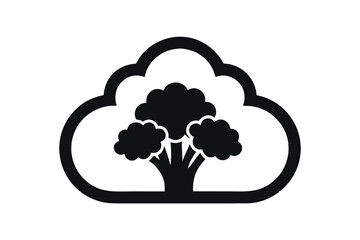 Cloud Tree Icon Black Silhouette, Simple Design Isolated on White Background