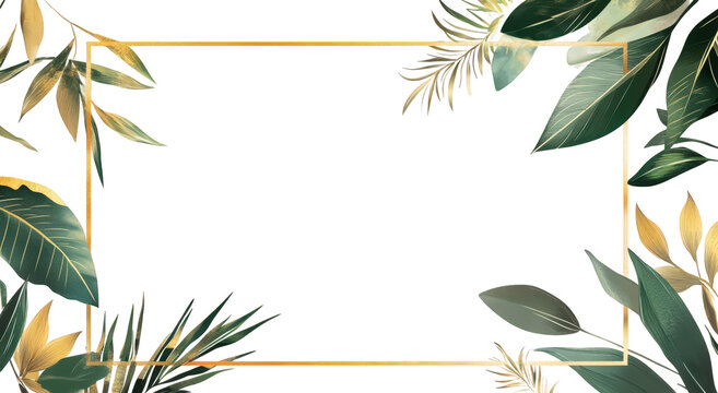 Elegant golden frame with green tropical leaves and transparent background - Powered by Adobe
