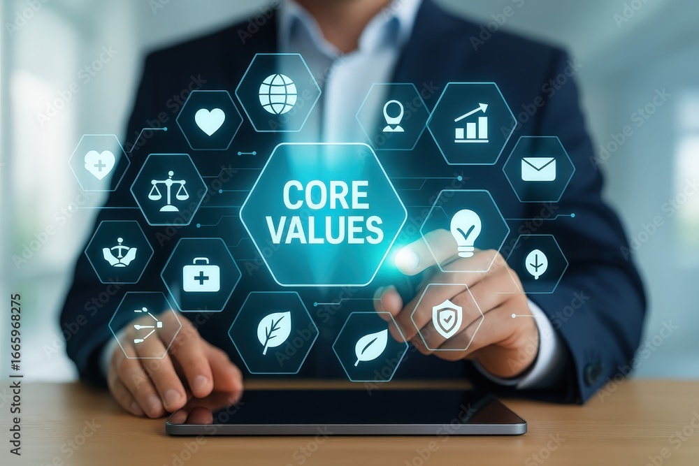 Aufkleber a person interacts with a digital display showcasing core values and related business concepts.