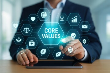 A person interacts with a digital display showcasing core values and related business concepts.