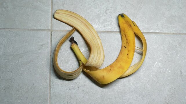 A banana peel lies on a ceramic kitchen tile.
Trash on the floor.
A discarded banana peel lies on the gray floor of the room.
Someone dropped a banana peel on the floor.