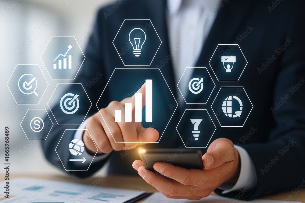 Poster a businessperson interacts with a futuristic, touch screen mobile device displaying several data vis