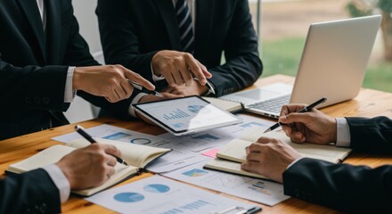 Business professionals collaborating on a project using a tablet and laptop