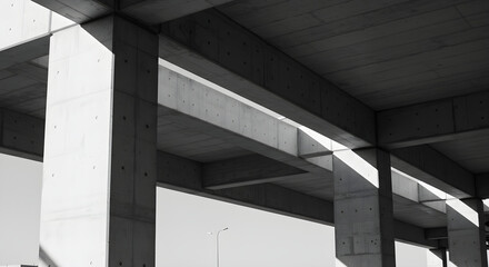 Obraz premium A clean architectural photograph of massive concrete pillars and beams intersecting in sharp geometric lines