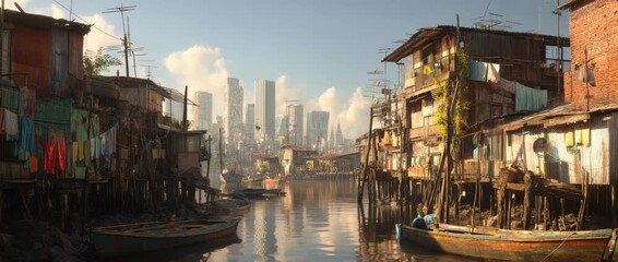 Urban Contrast: Shacks on Stilts Meet Modern Skyscrapers in a Developing Cityscape