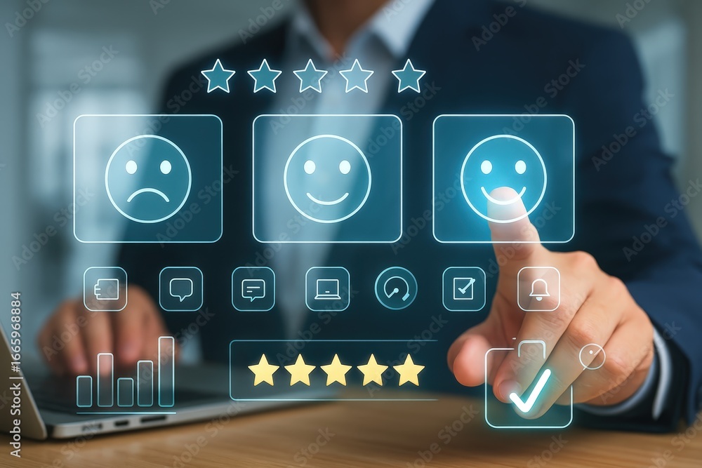 Poster a person interacts with a digital feedback system, selecting a positive review option via touch scre