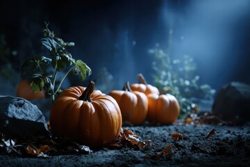 Halloween pumpkins glowing in the dark night with mist and autumn leaves scattered around the ground