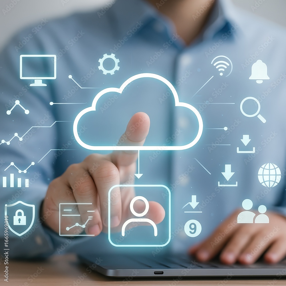 Poster a person interacts with a cloud computing interface, showcasing a network of data transfer and user 