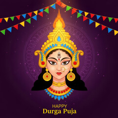 Fototapeta premium Illustration of durga puja with goddess face and colorful bunting on purple background