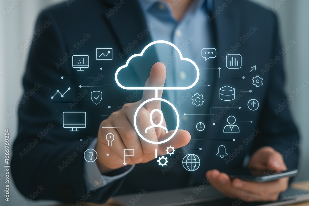 Poster a businessperson interacts with a projected cloud data interface, highlighting connections and data 
