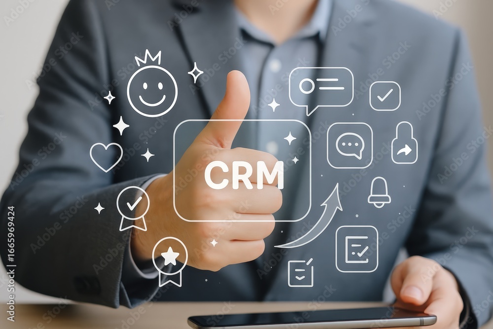 Poster a business professional displays a customer relationship management system interface, highlighting k