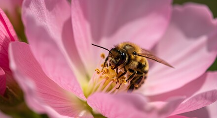 Bee on pink flower closeup