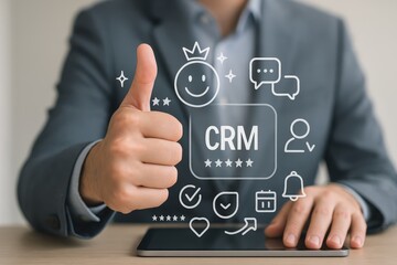 A person in a suit gives a thumbs-up, showcasing a projected CRM interface with positive feedback icons.