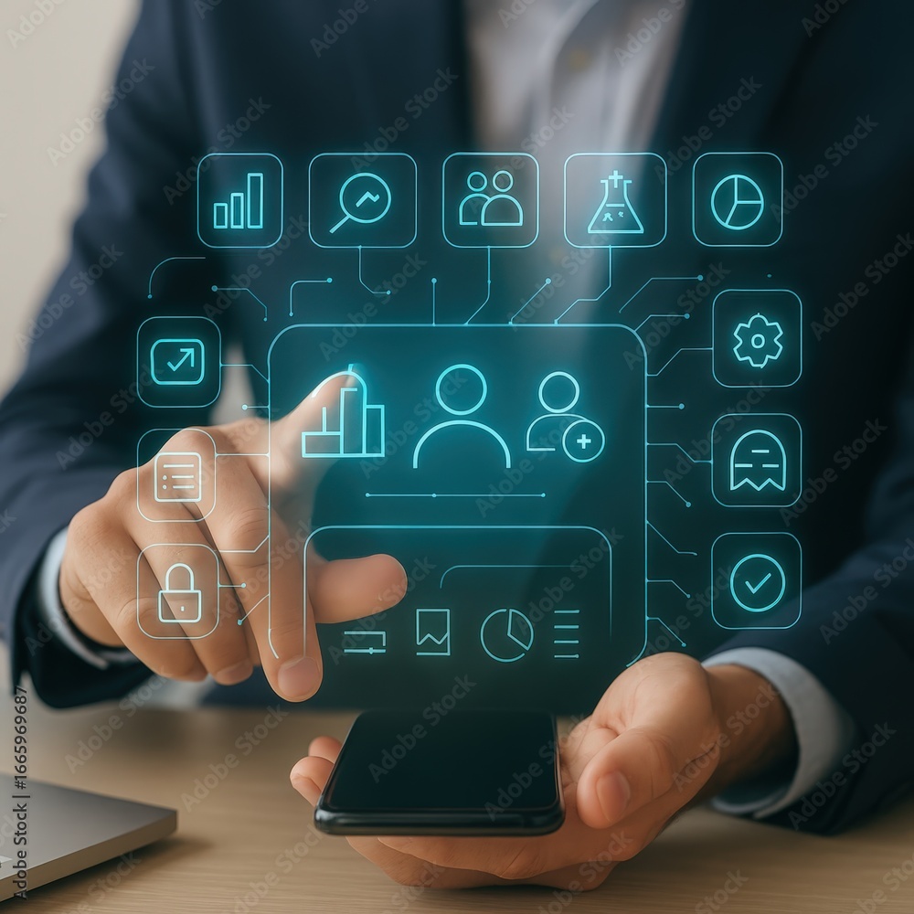 Poster a person interacts with a holographic interface, showcasing a modern business app on a smartphone, c