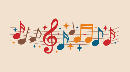 Colorful Musical Notes on Staff with Stars Illustration for Music Education and Creative Design Projects