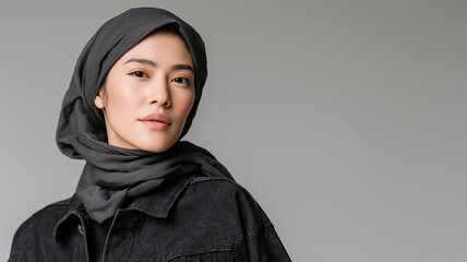Confident Asian Muslim woman half-length portrait in black denim jacket and neatly wrapped grey hijab, neutral grey backdrop, strong posture symbolizing professionalism, focus, and lifestyle themes