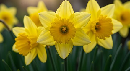 Closeup bright yellow daffodils springtime