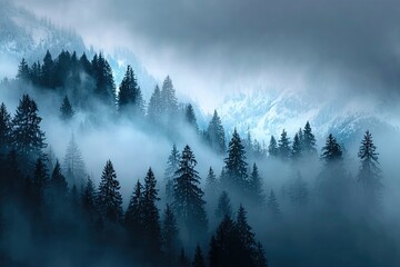 Misty mountain forest.  Dark silhouettes of pine trees against a moody blue-gray sky, draped in a thick, swirling fog.  Mountain peaks peek through