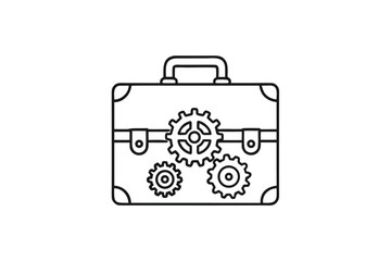 Briefcase Outline with Gears Linear Style on White Background Business Concept