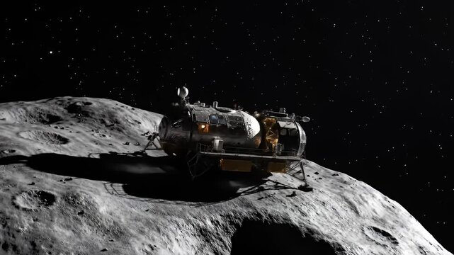 Lunar lander rests on a cratered surface under a starry sky, glowing inside