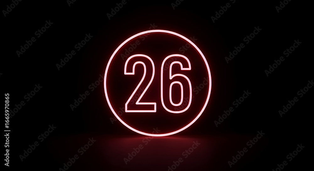 Poster neon number 26 in a circle against a dark background. graphic design element with no people or setti