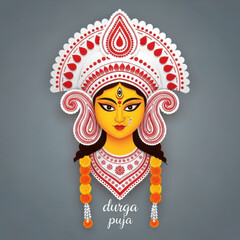 Illustration of durga puja with ornate headdress and floral garlands on gray background