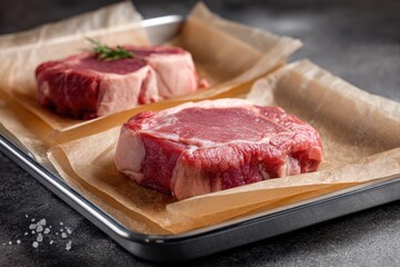 Fototapeta premium Two Fresh Beef Steaks on Parchment Paper in a Metal Tray