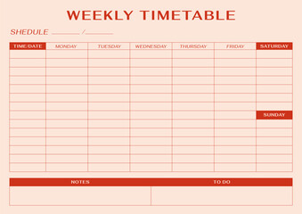 Minimalistic red weekly timetable schedule planner page template. Horizontal simple agenda task paper organizer