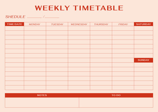 Minimalistic red weekly timetable schedule planner page template. Horizontal simple agenda task paper organizer
