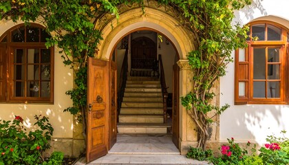 Fototapeta premium Ancient arched doorway, overgrown with vines