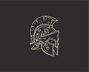 Floral Spartan Helmet Monoline Line Art Illustration – Minimalist Greek Mythology Inspired T-Shirt Design