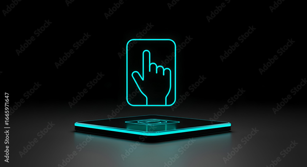 Poster neon teal hand cursor icon hovering over a dark platform. abstract technology element in a minimal b