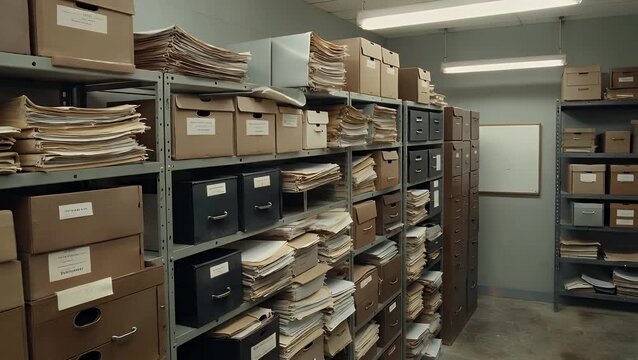 cinematic 4k interior tracking shot inside an archival storage space with relocation shelves filled with old files records perfect background documentaries films or historical reports about knowledge