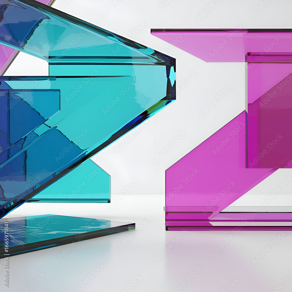 Poster modern glass geometric shapes in teal and magenta, abstract display in minimalist setting. architect