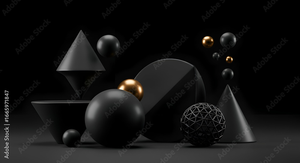 Poster abstract geometric shapes in black and gold tones arranged in a minimalist display. floating spheres