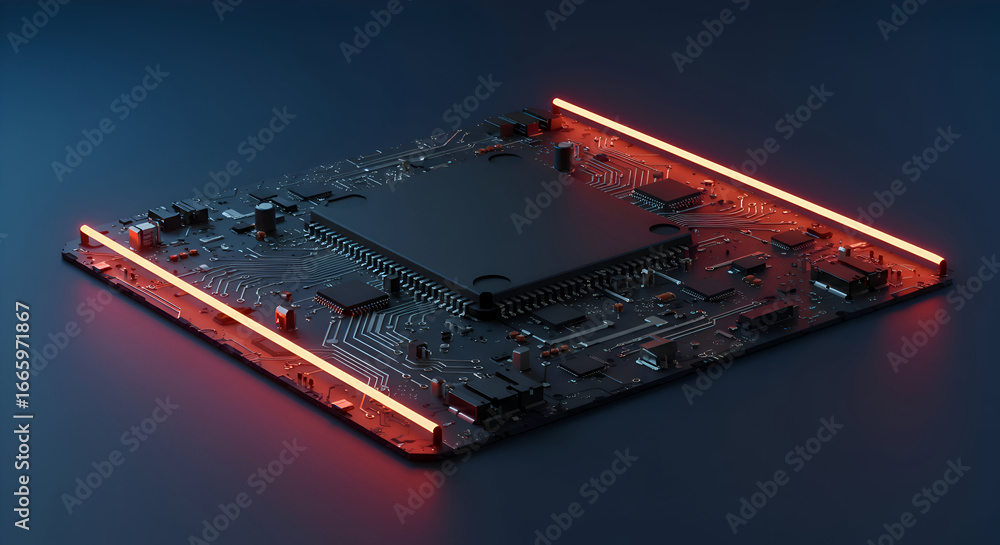 Poster abstract circuit board with vibrant orange-red lighting. detailed close-up view of components and in