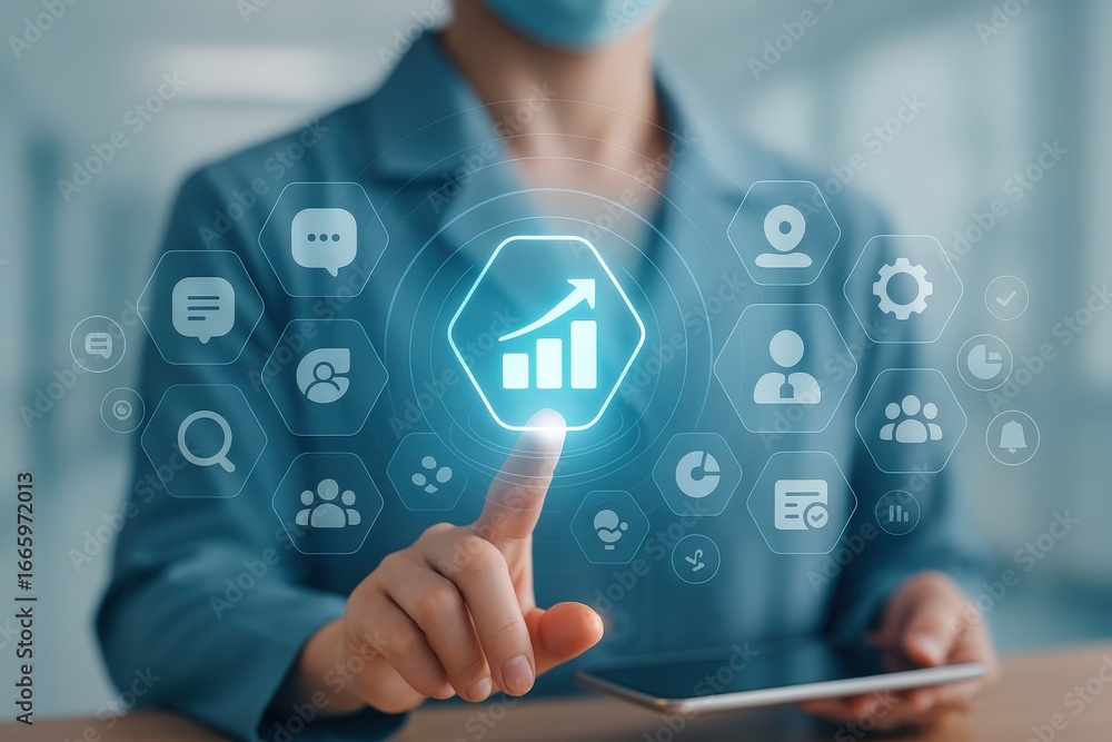Poster a person interacts with a digital interface displaying growth indicators and various business tools,