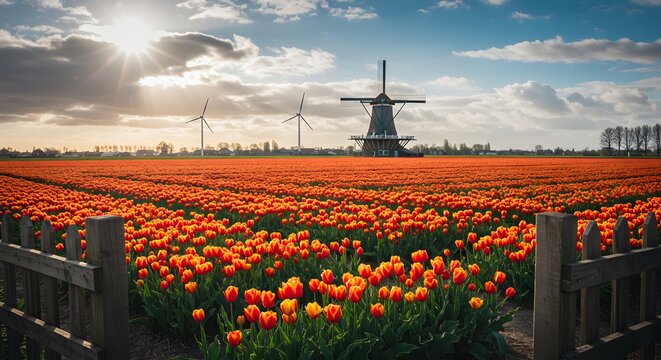 Colorful tulip field with dutch windmill