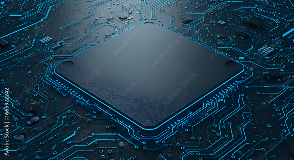 Aufkleber dark, square microprocessor chip positioned on a complex circuit board. abstract, technological deta