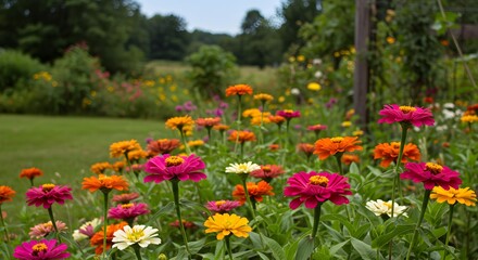 Colorful zinnia flowers in garden
